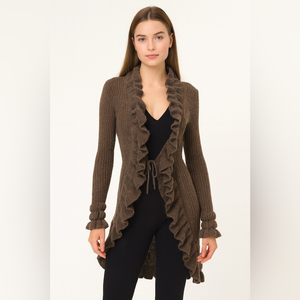 Elisabetta Collection Brown Mohair‎ Blend Ruffled Open Front Sweater Sz. S